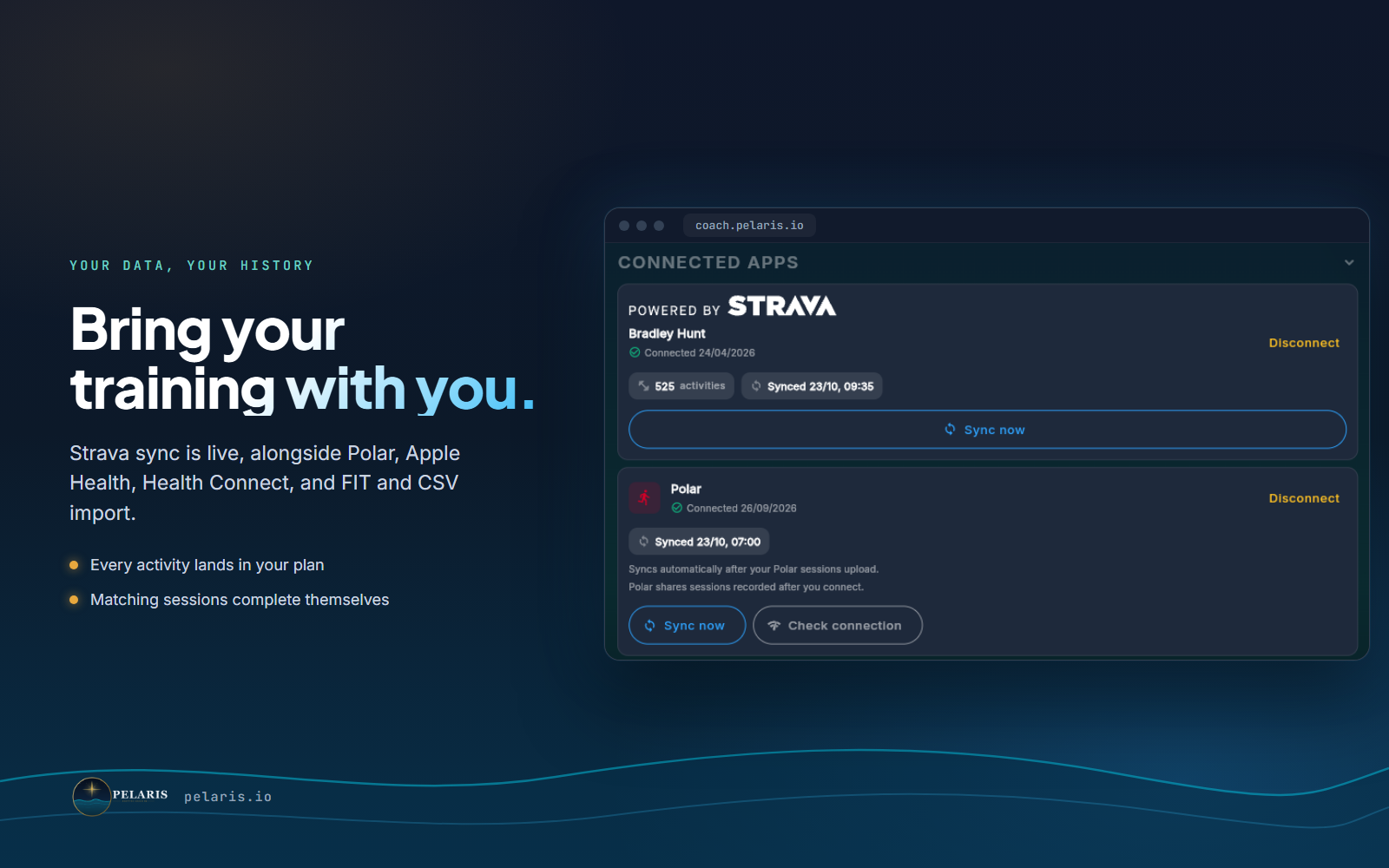 Marketing image reading 'Bring your training with you.' beside Strava and Polar connected in Pelaris