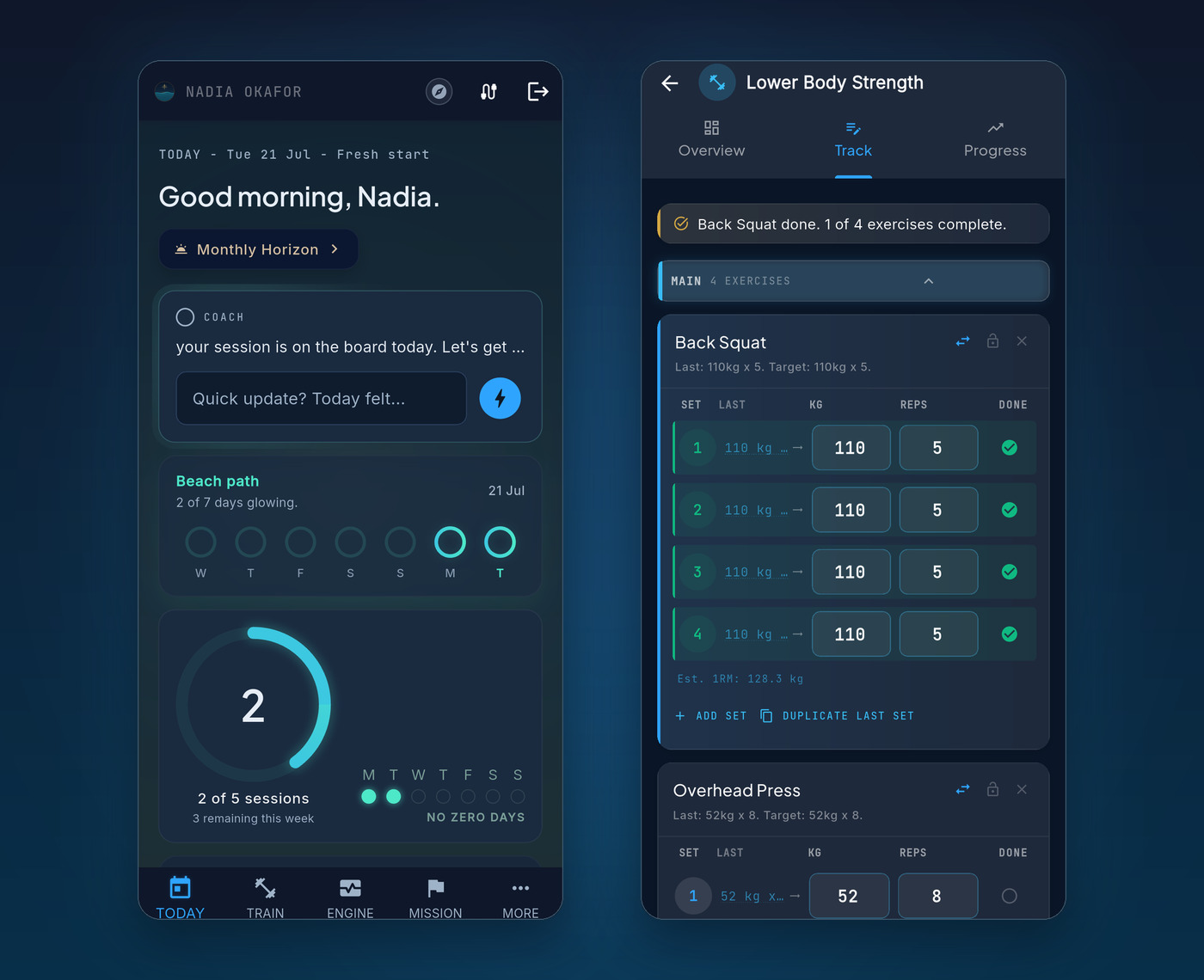 Two Pelaris app screens side by side. On the left, the Today screen with a morning greeting, a coach message, the Beach path with two of seven days glowing and two of five sessions done this week. On the right, live set logging for a back squat, with four sets of five at 110 kg ticked off and an estimated one rep max of 128.3 kg.