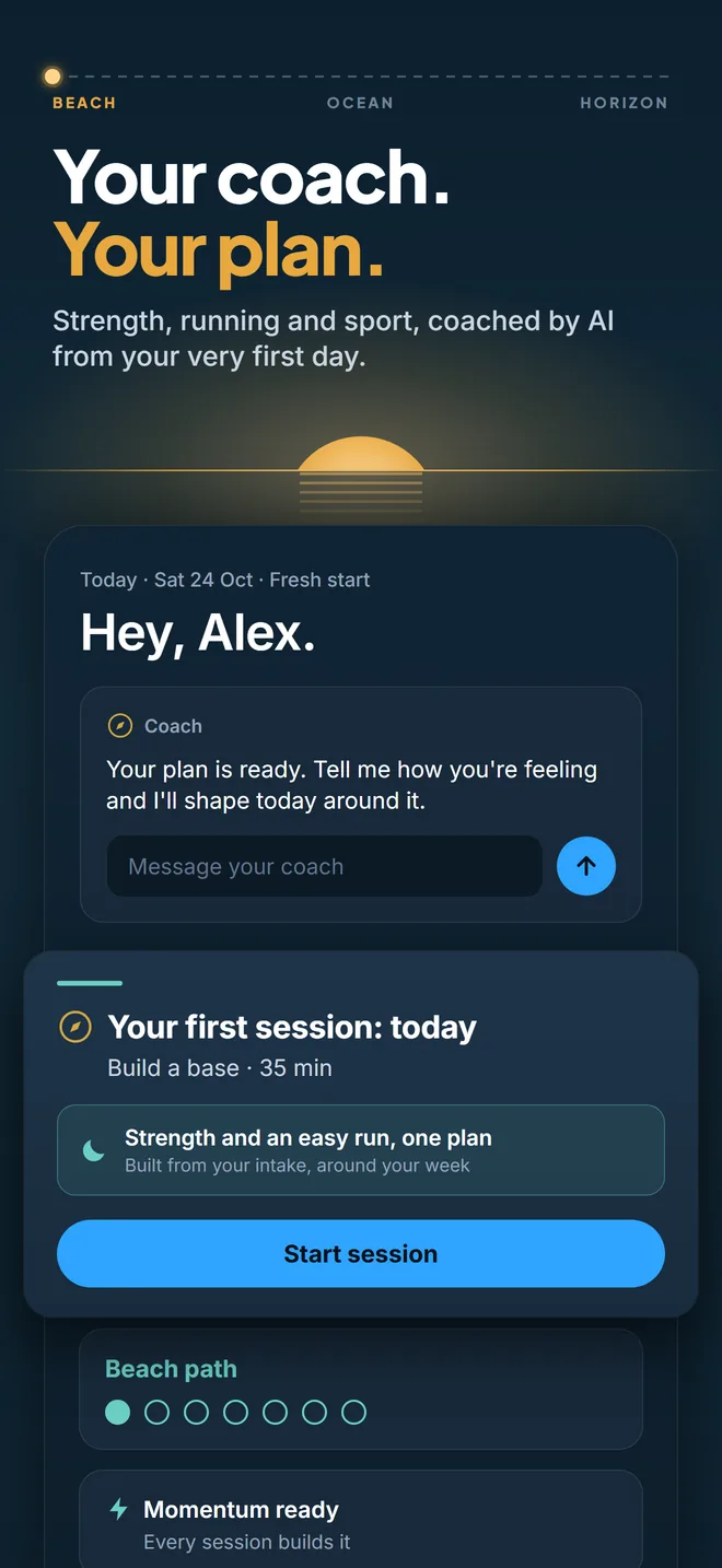 App store image reading 'Your coach. Your plan.' above the Pelaris Today screen, where the coach greets Alex and the first session is ready to start