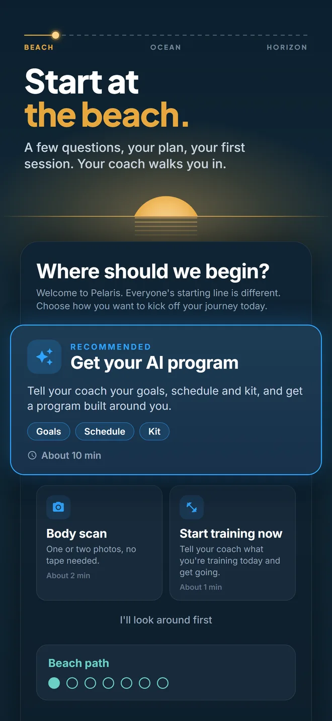 App store image reading 'Start at the beach.' above the Pelaris welcome screen, which asks where to begin and offers an AI program, a body scan or starting to train now