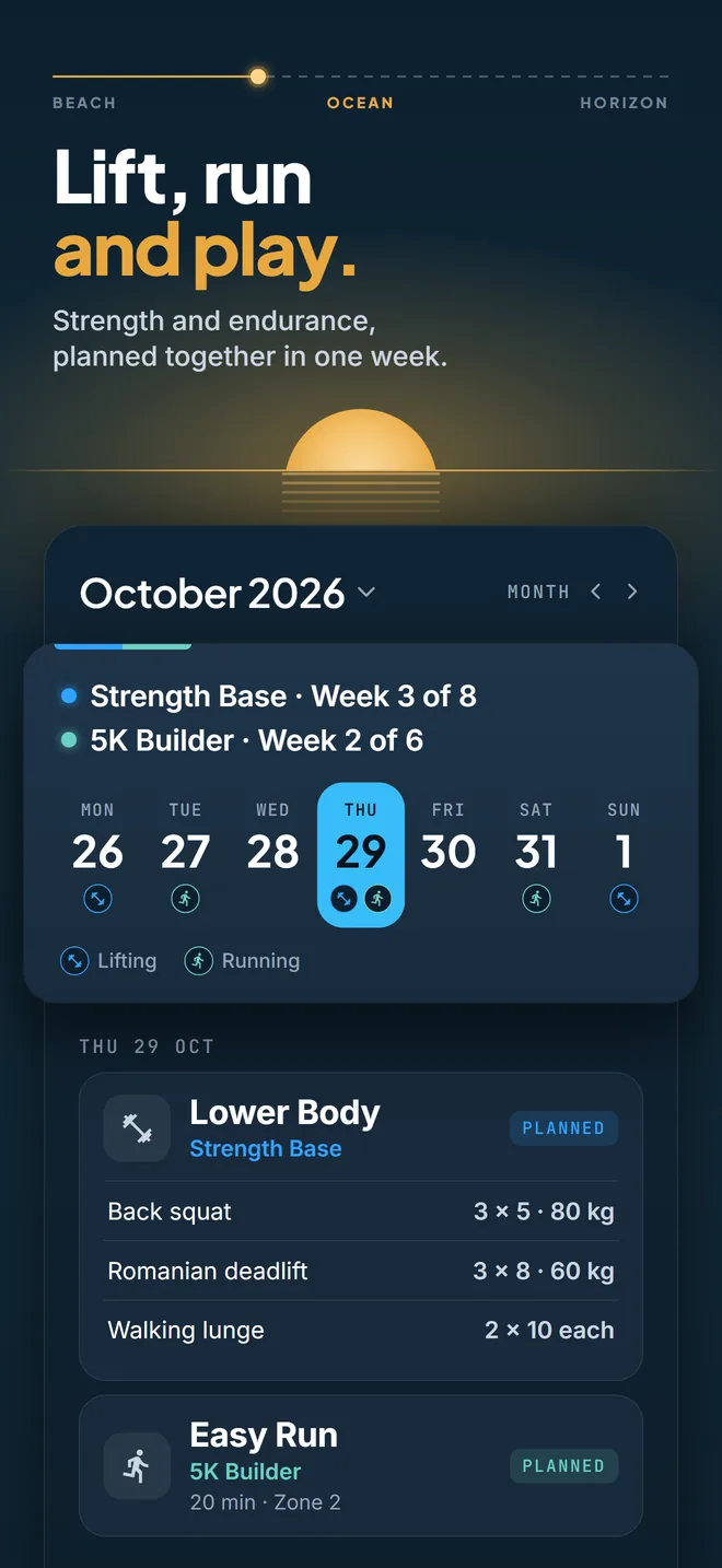 App store image reading 'Lift, run and play.' above a Pelaris week with a strength base and a 5K builder planned together, a lower body session and an easy run
