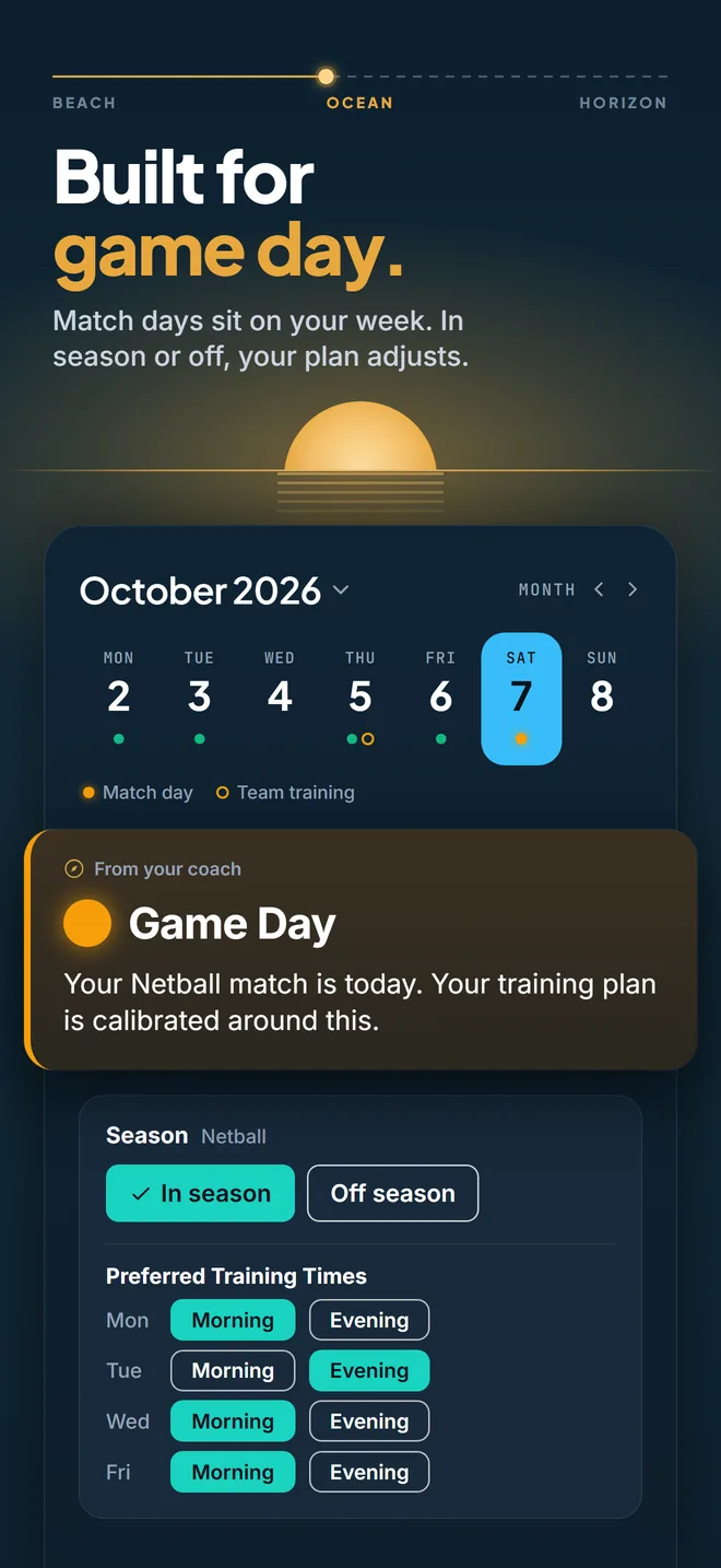 App store image reading 'Built for game day.' above a Pelaris month with match days marked and a Game Day note that today's netball match shapes the training plan