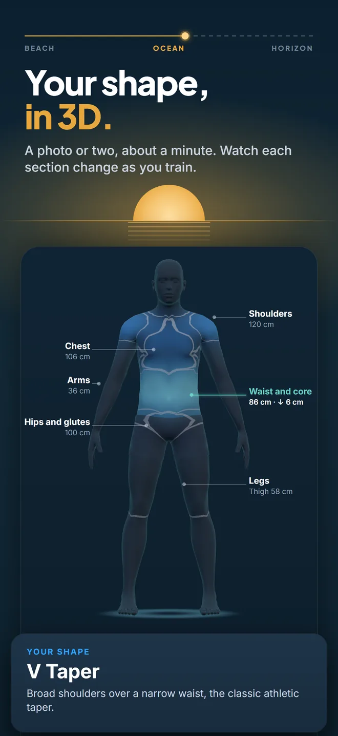 App store image reading 'Your shape, in 3D.' above a Pelaris 3D body model with the chest, shoulders, arms, waist, hips and legs measured, and the athlete's shape named as a V Taper
