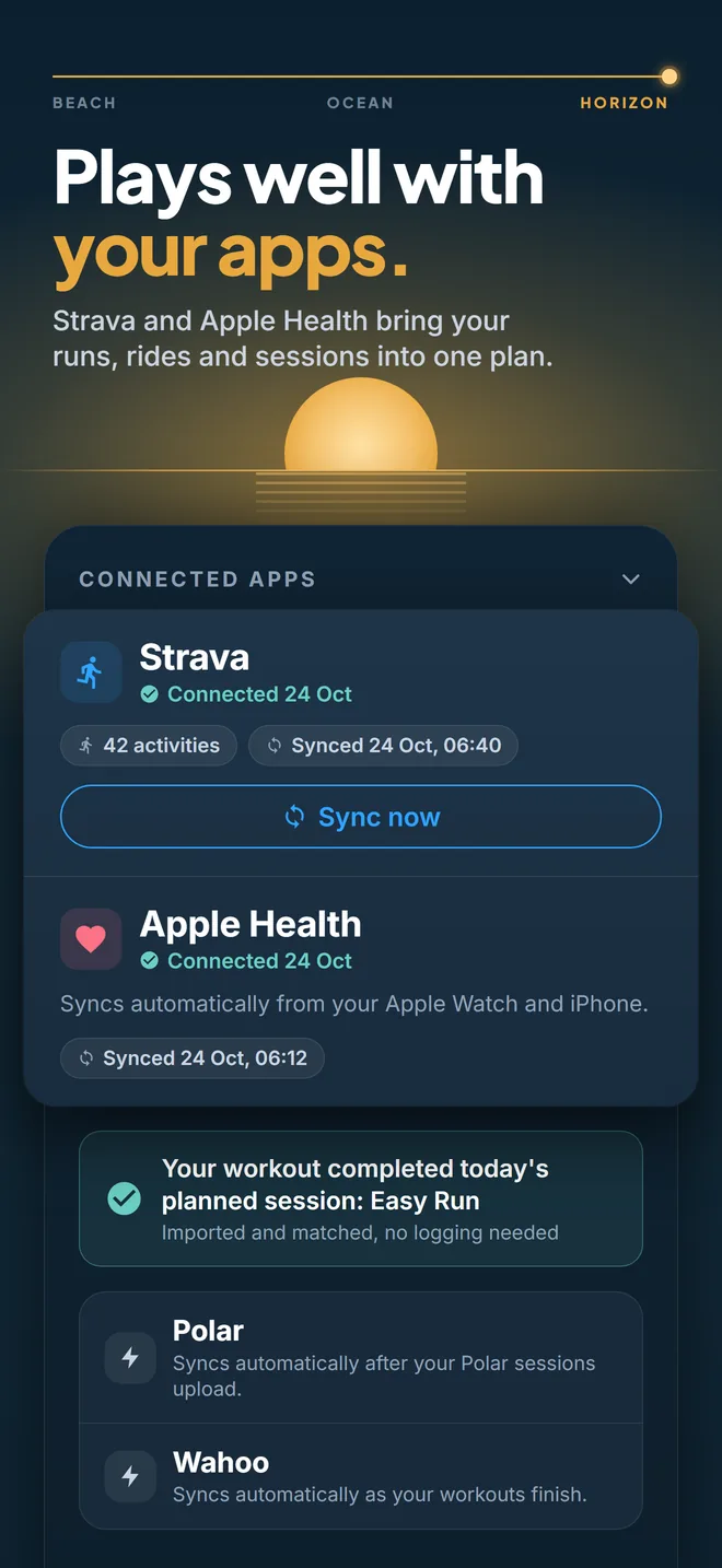 App store image reading 'Plays well with your apps.' above the Pelaris connected apps screen, with Strava and Apple Health connected and Polar and Wahoo ready to sync