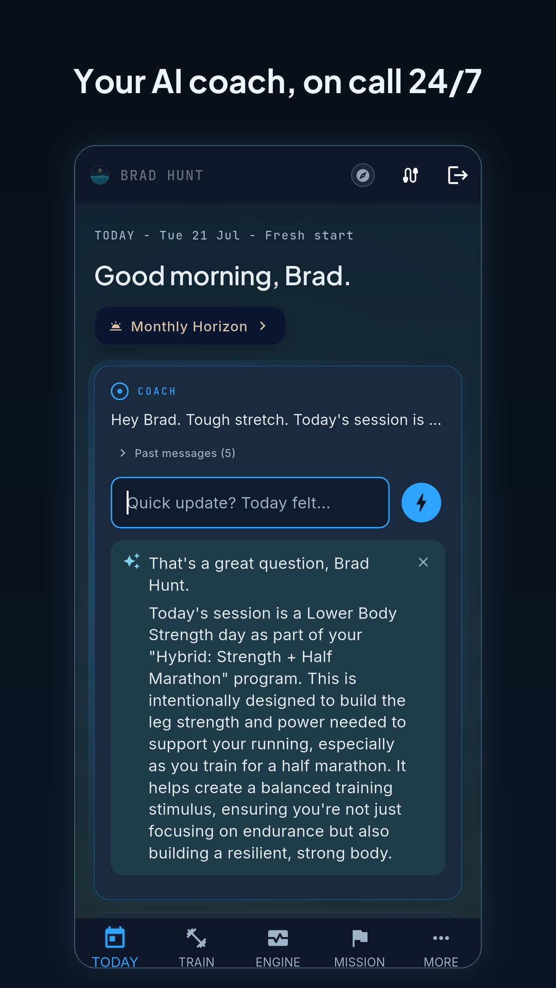 The Pelaris coach on Android explaining today's lower body strength session in the context of a hybrid strength and half marathon program