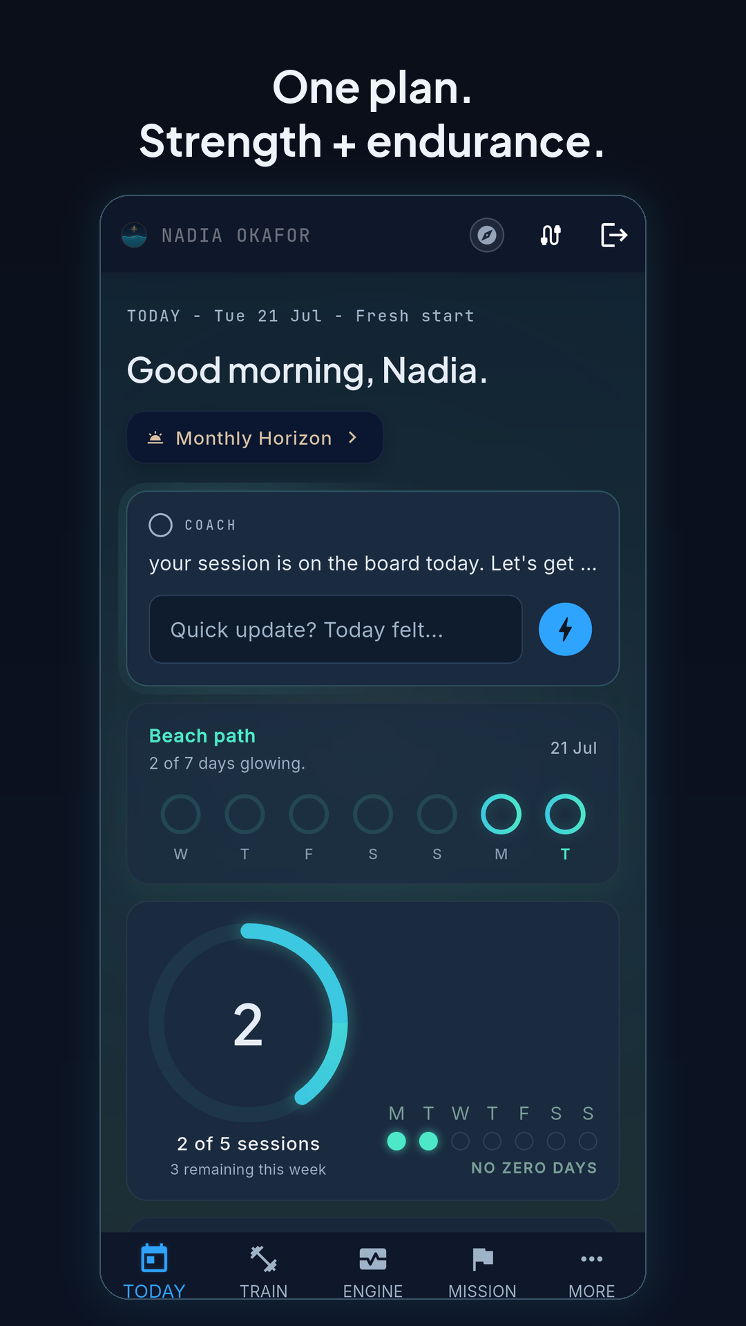 The Pelaris Today screen on Android showing the coach line, the Beach path with two of seven days glowing, and two of five sessions done this week