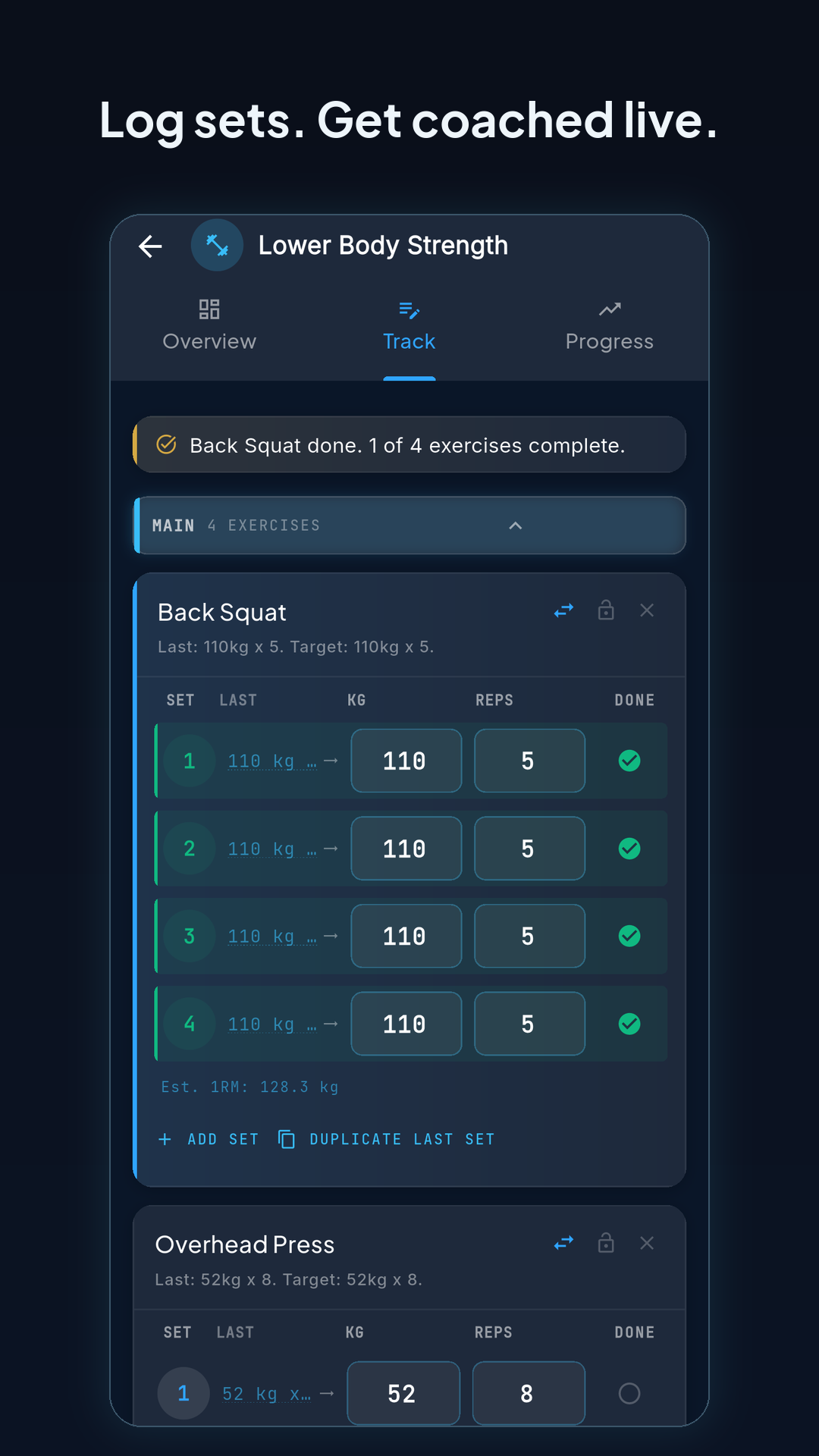 Live set logging in the Pelaris Android app, showing weight and reps being entered for the current set