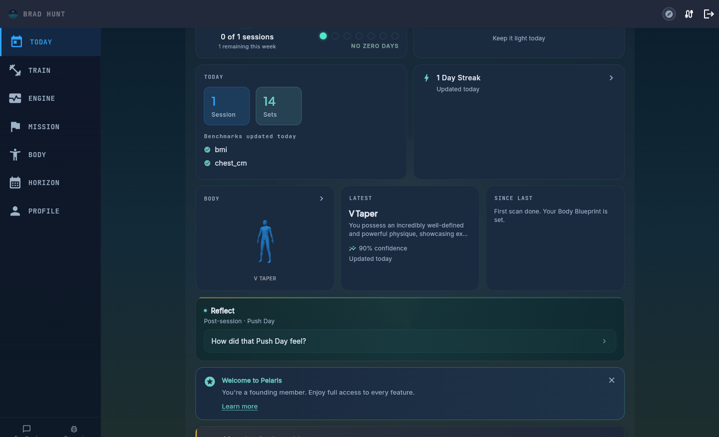 Pelaris Today dashboard showing a Body tile with a live 3D figure, the latest shape archetype, and what changed since the last check-in