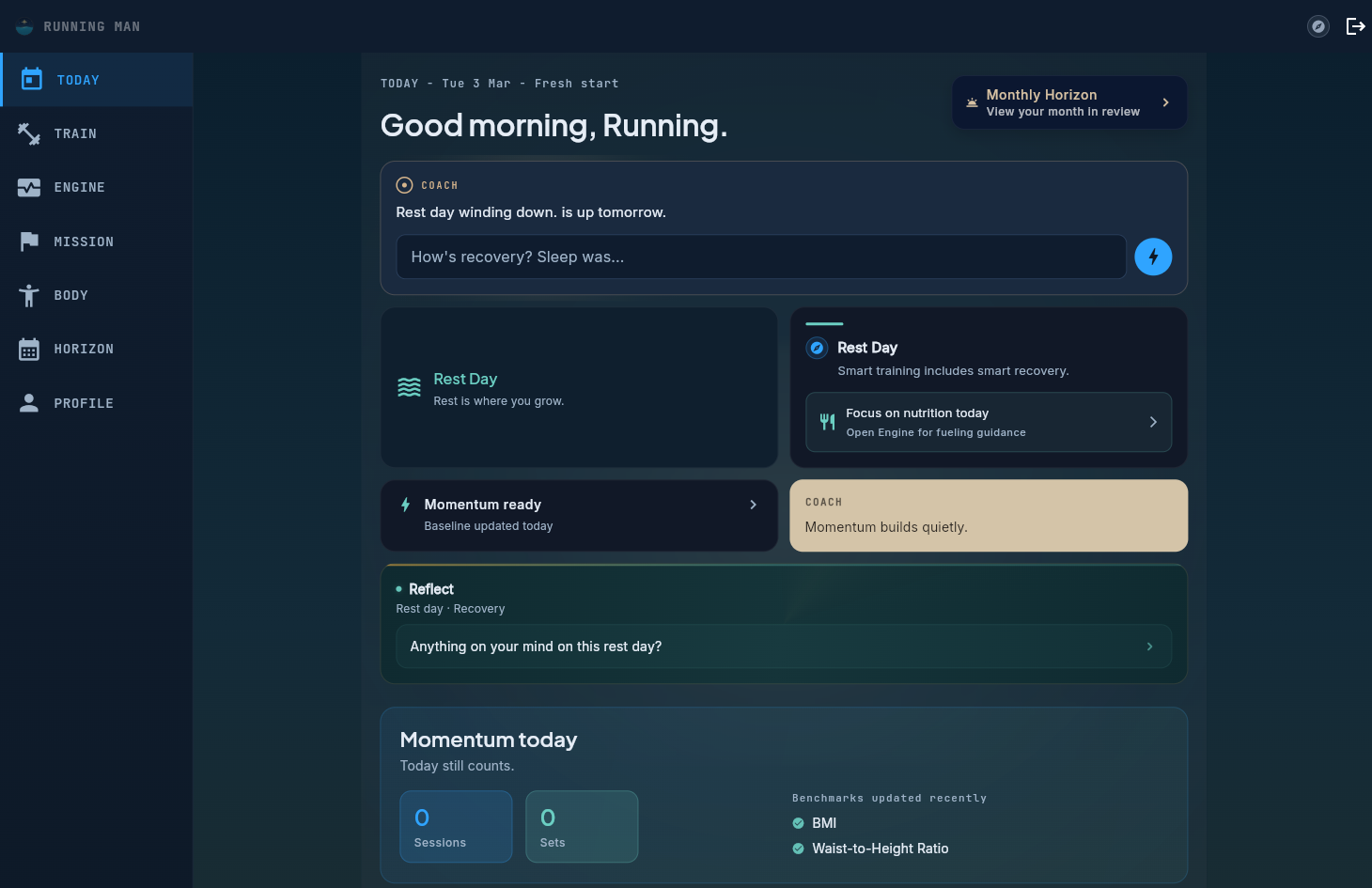 Pelaris AI Coach web interface showing personalised greeting, recovery guidance, and daily session planning