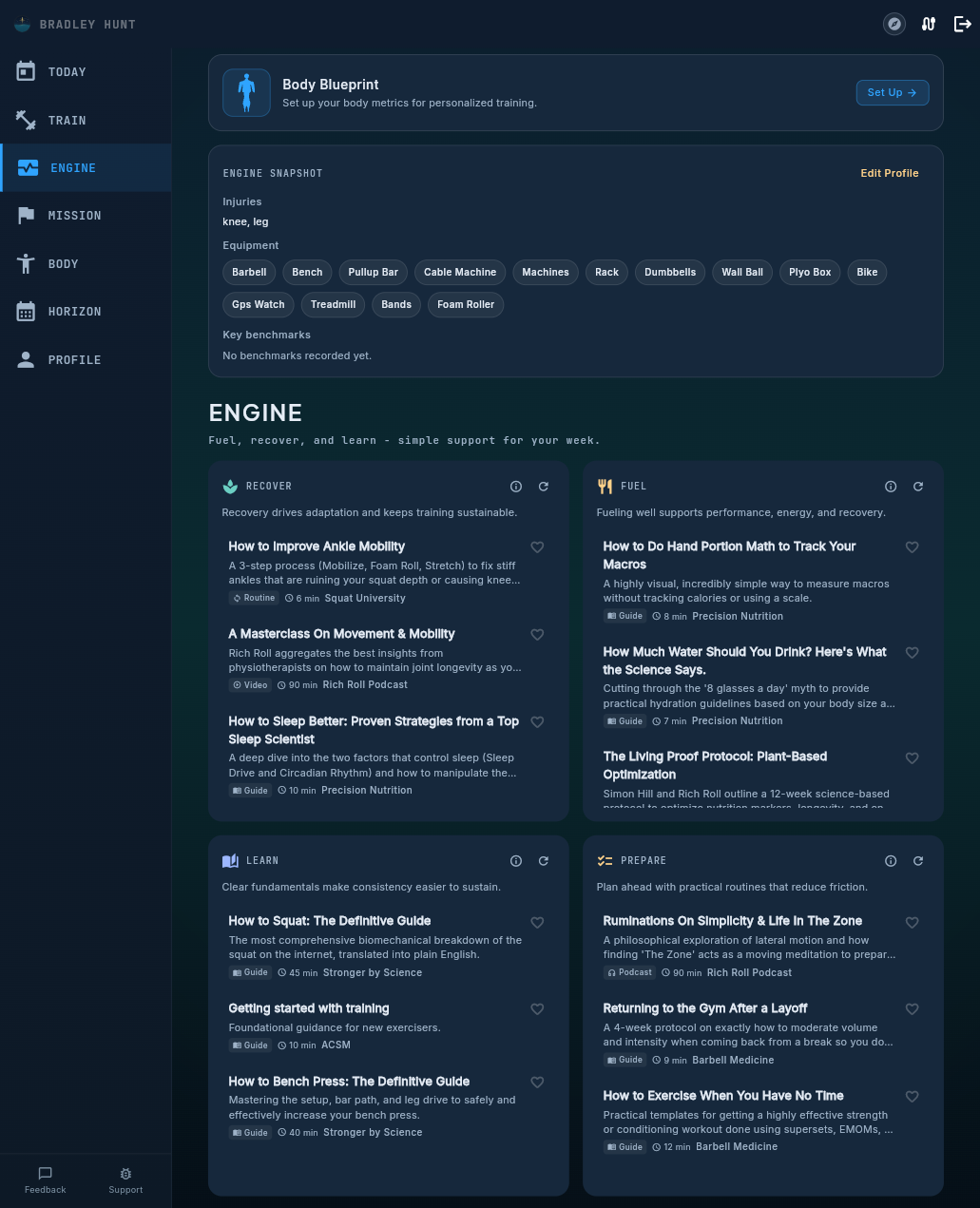 Pelaris Engine tab showing fuel, recover, learn, and prepare cards ranked for the current training day