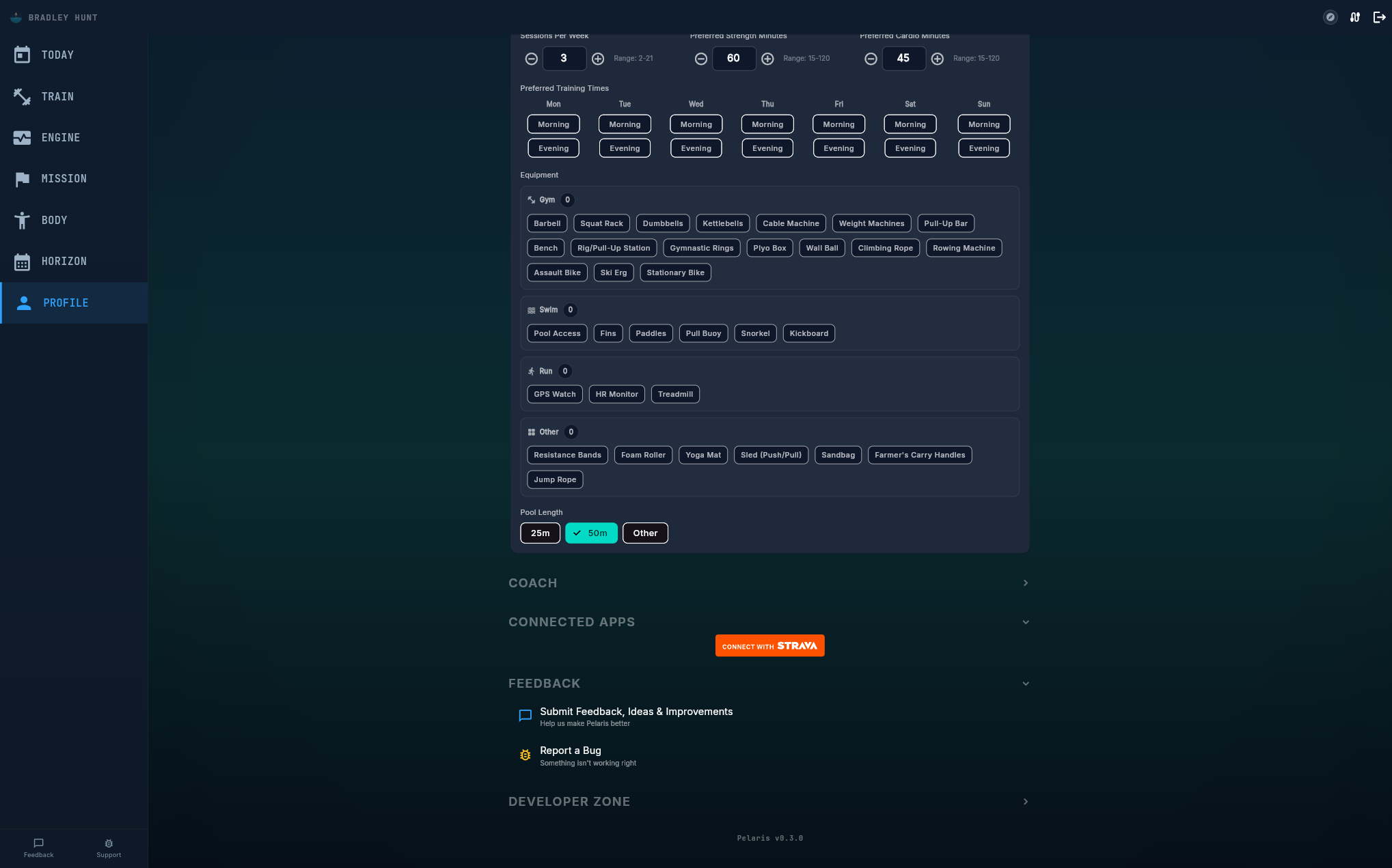 Pelaris profile showing what your coach knows about you