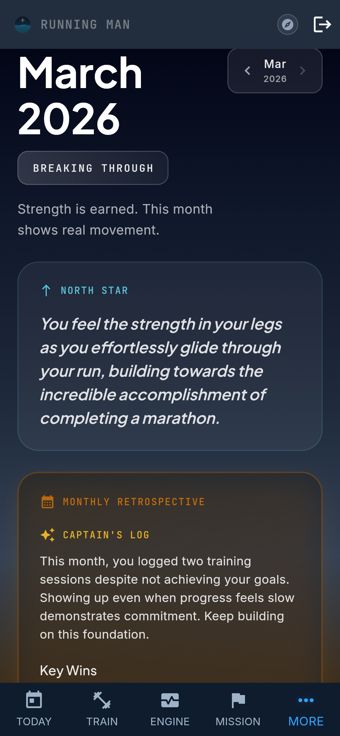 Pelaris Horizon View showing monthly training overview with North Star goal, retrospective analysis, and key wins