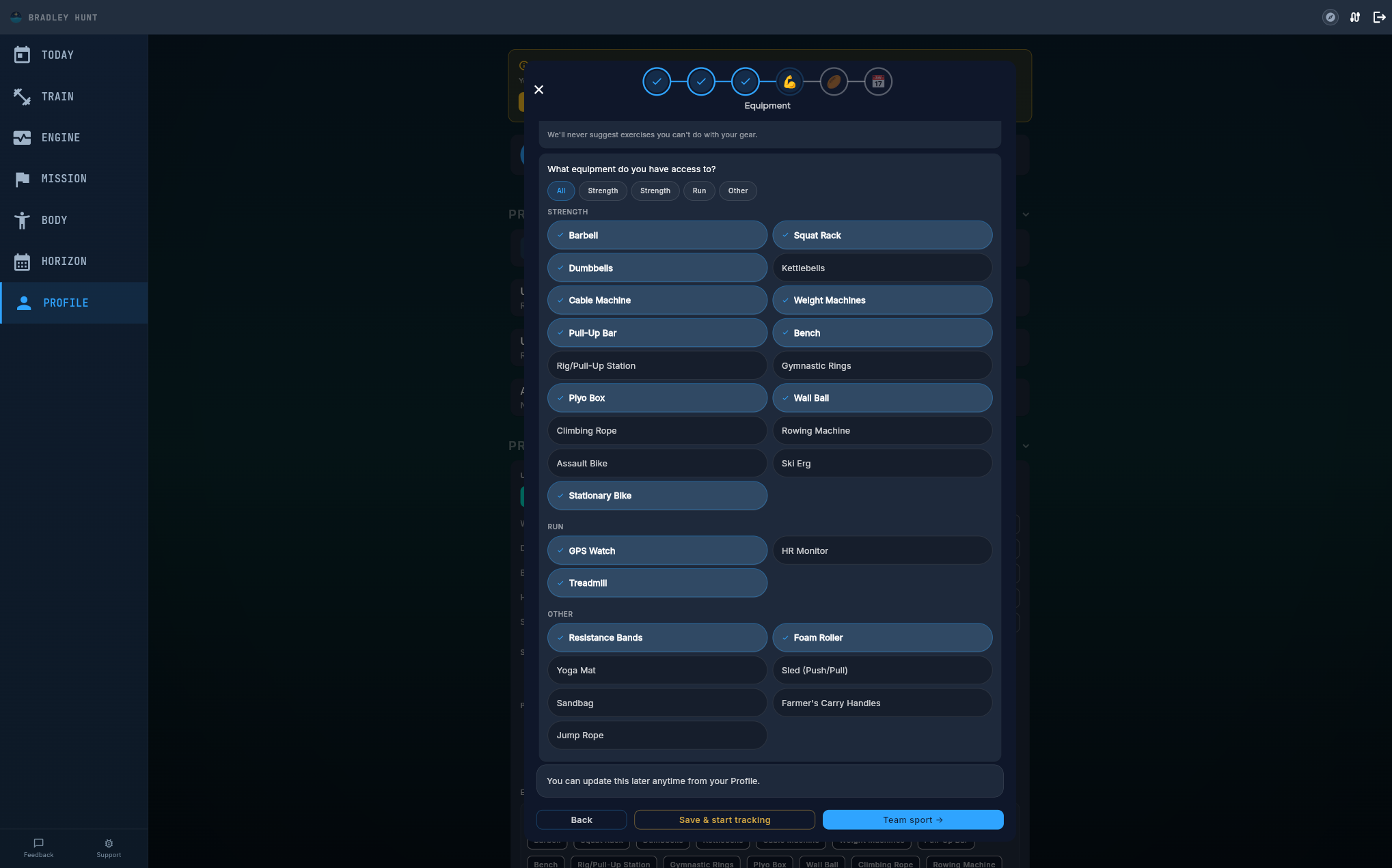 Equipment selection page showing categorised equipment grouped by Strength, Run, and Other