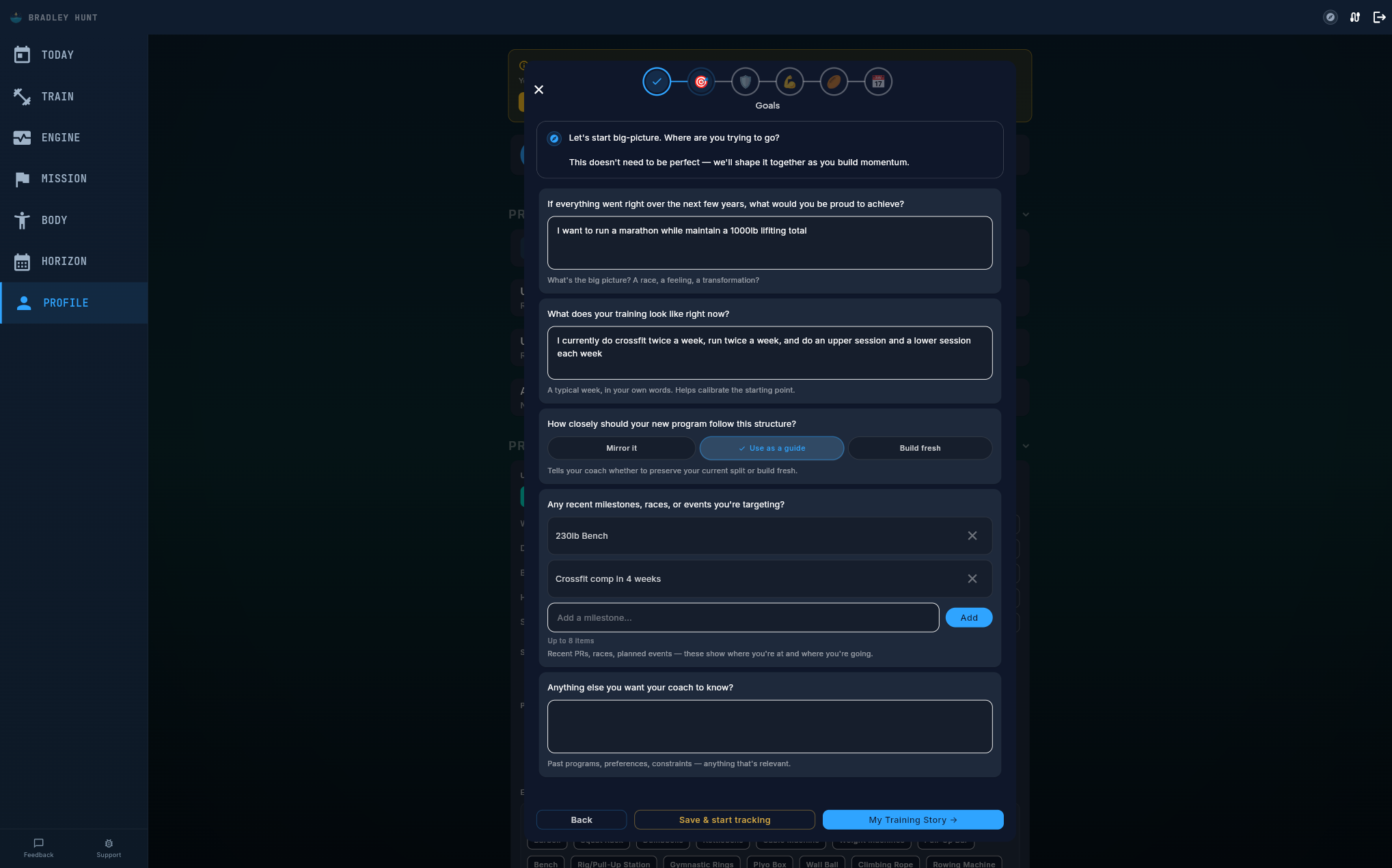 New intake goals page showing free-text fields for goals, current training, and milestone targeting
