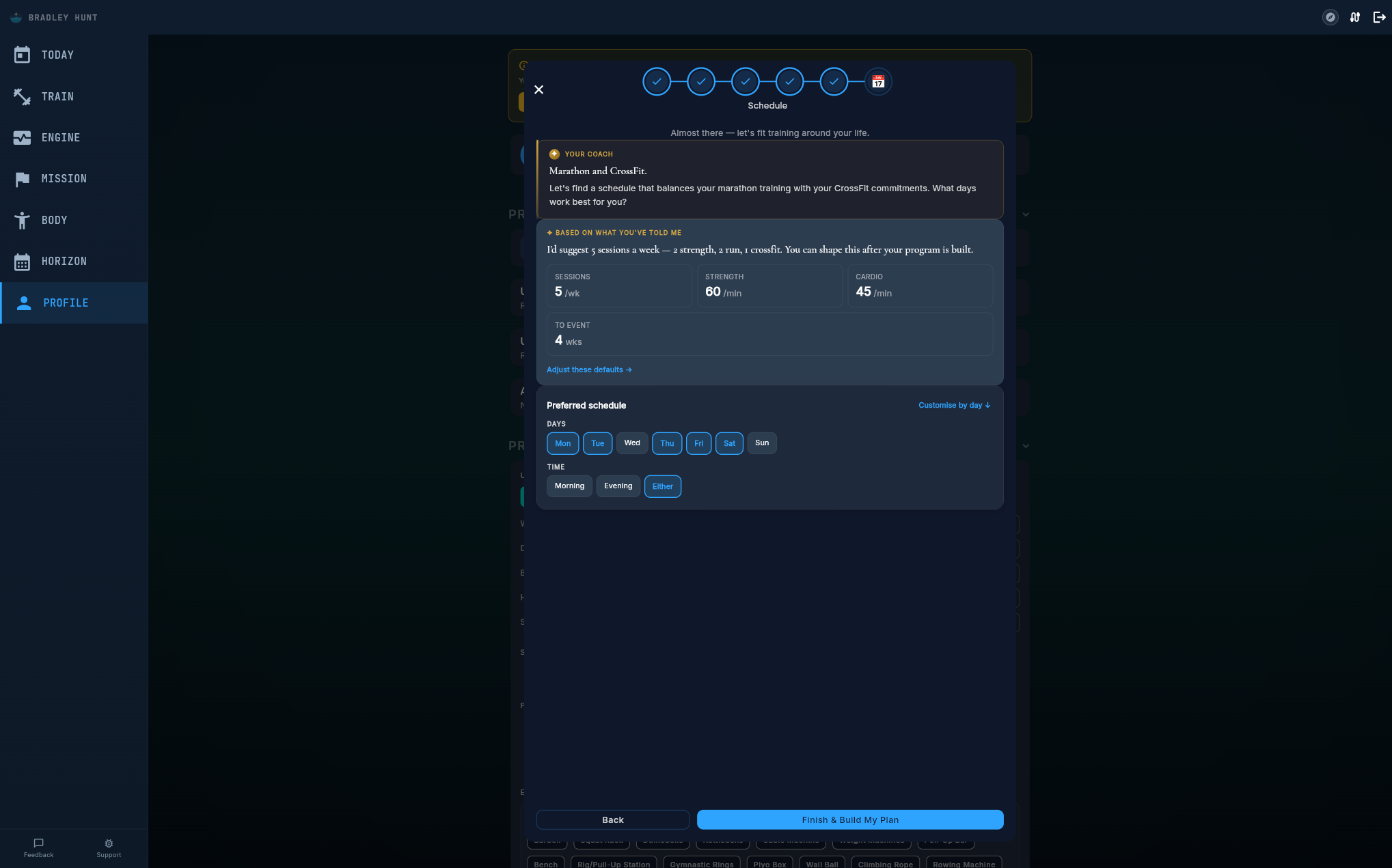 Intake schedule page showing AI-suggested frequency, day selection, and preferred session times