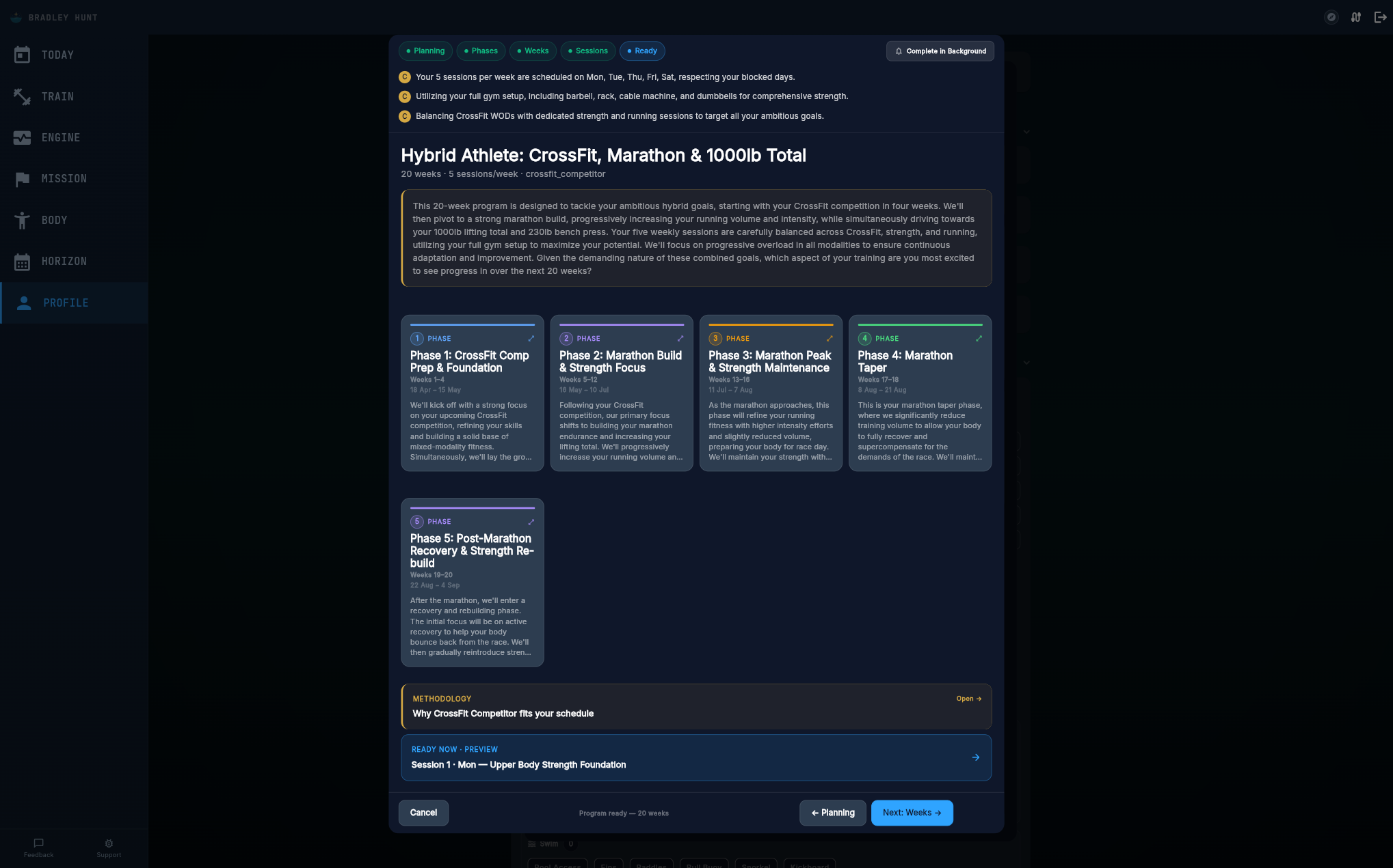 Phases tab showing 5 coloured phase cards, CrossFit Comp Prep, Marathon Build, Marathon Peak, Marathon Taper, and Post-Marathon Recovery