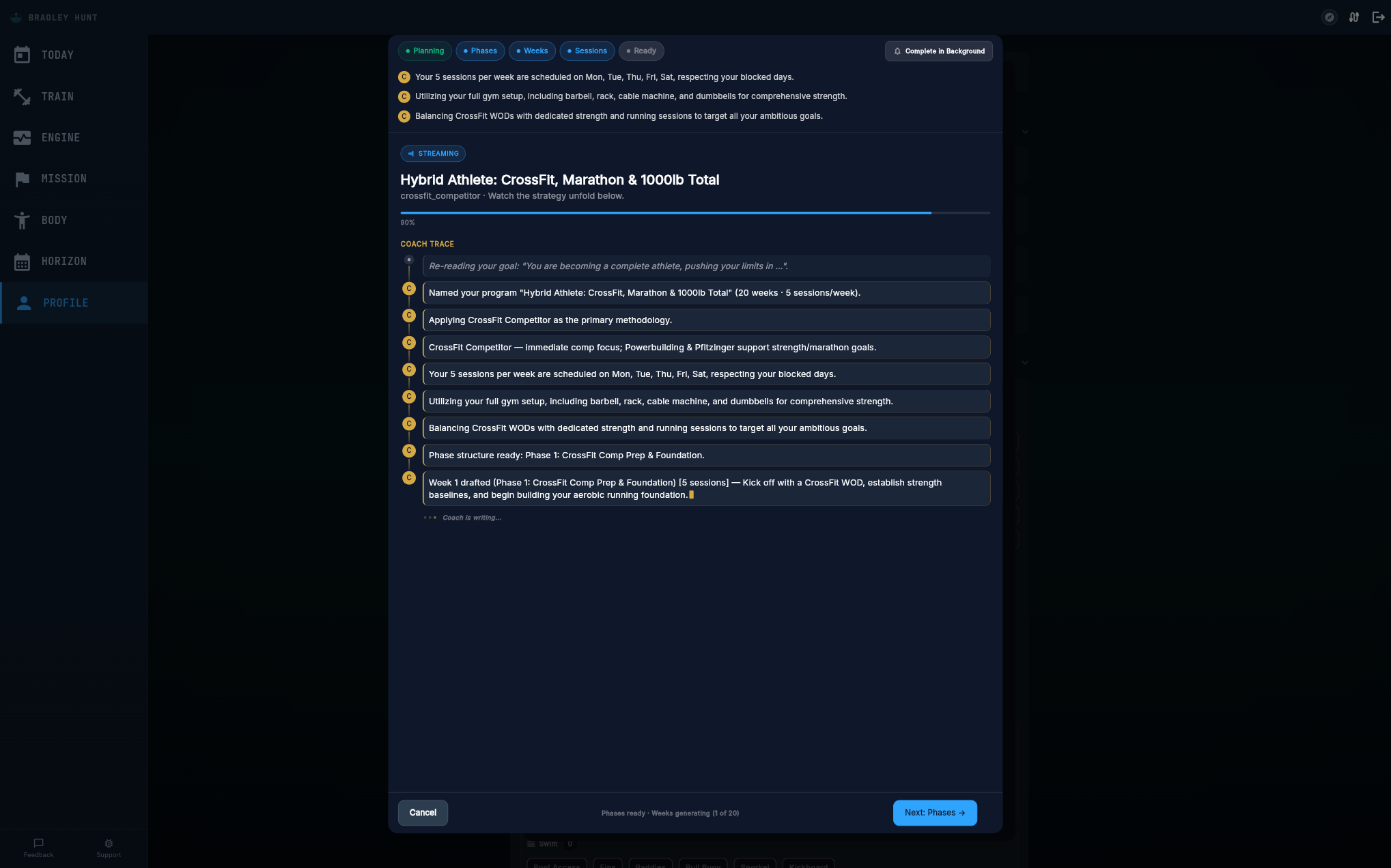 Generation planning tab showing real-time coach trace with methodology selection, schedule parsing, and phase structure decisions