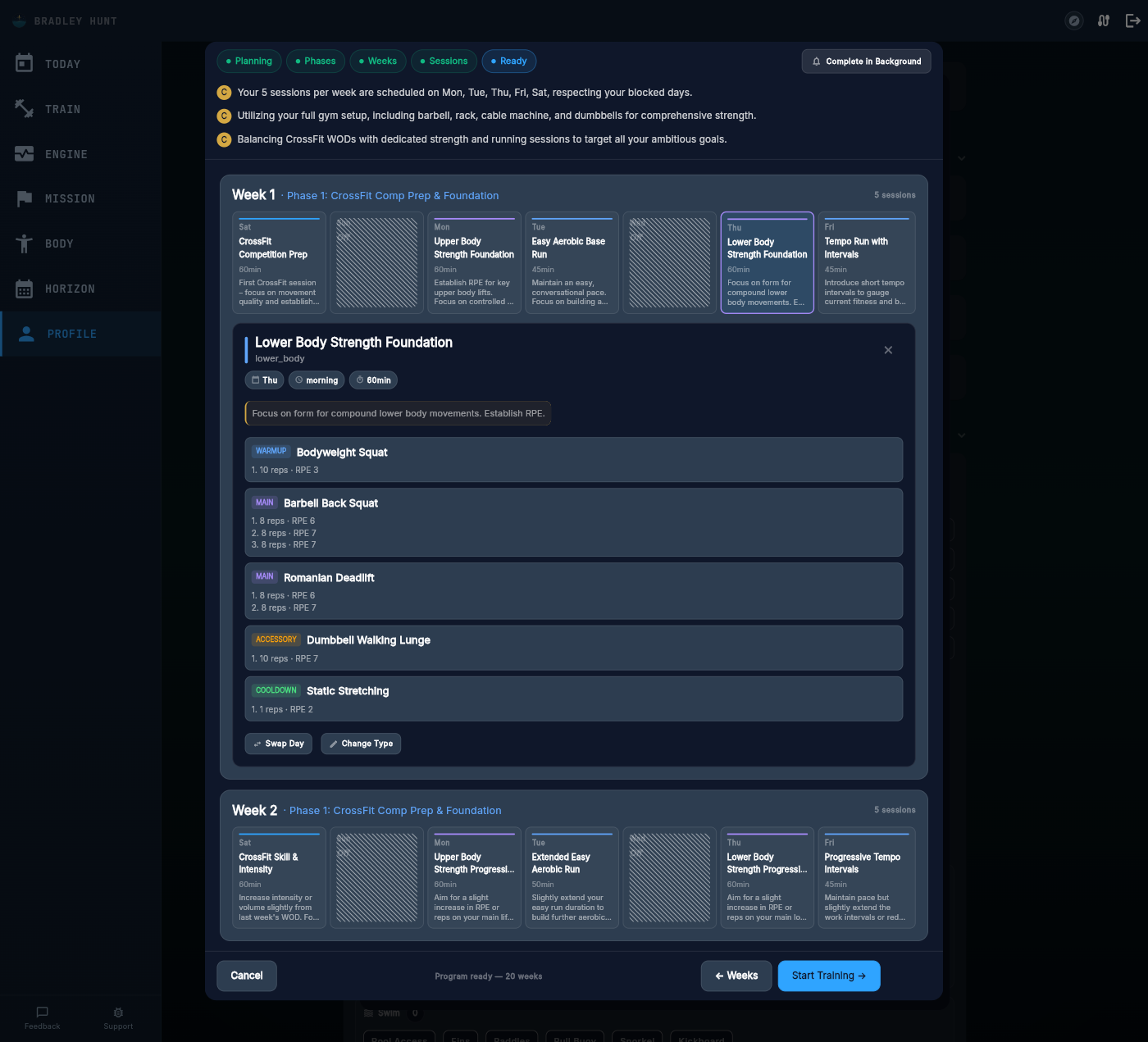 Sessions tab showing Week 1 with individual session cards, exercise lists, and expandable detail views