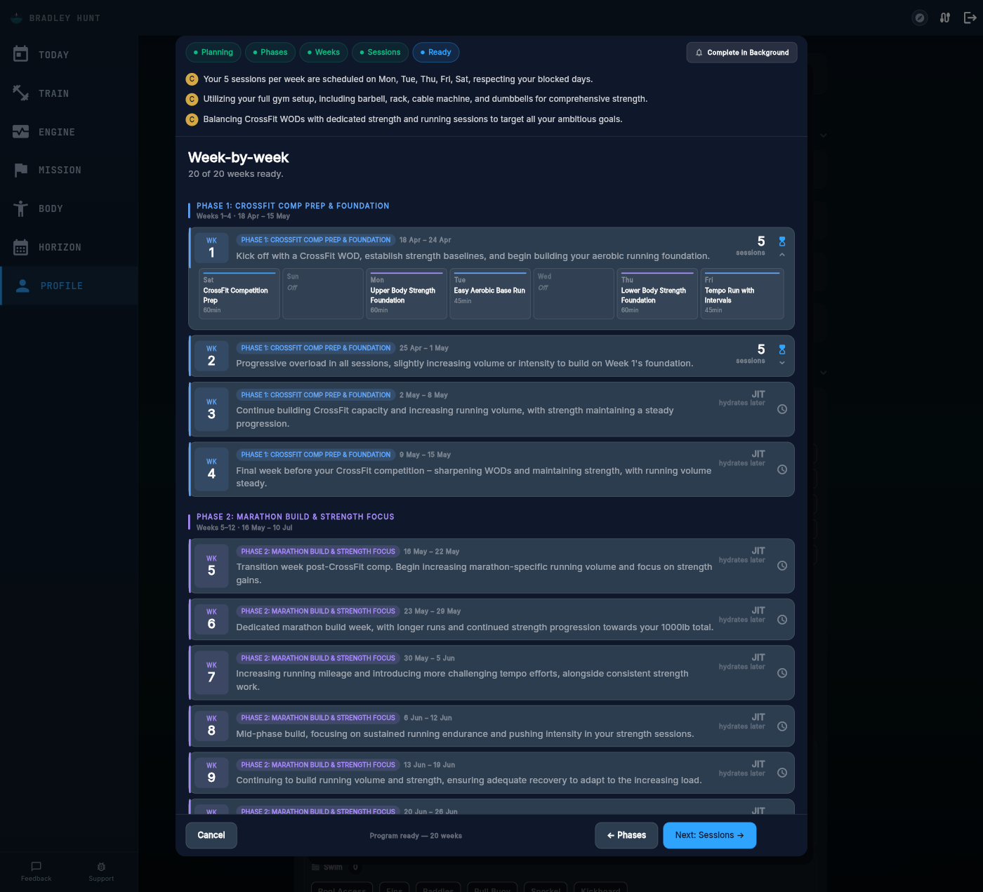 Weeks tab showing week-by-week breakdown across phases with session counts and focus descriptions