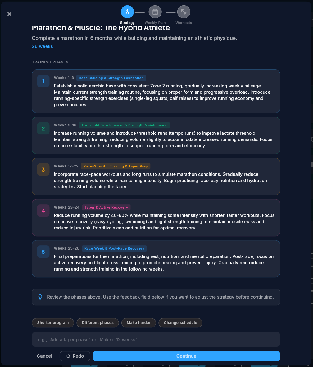 Pelaris program wizard showing sport selection, goal setting, and methodology configuration