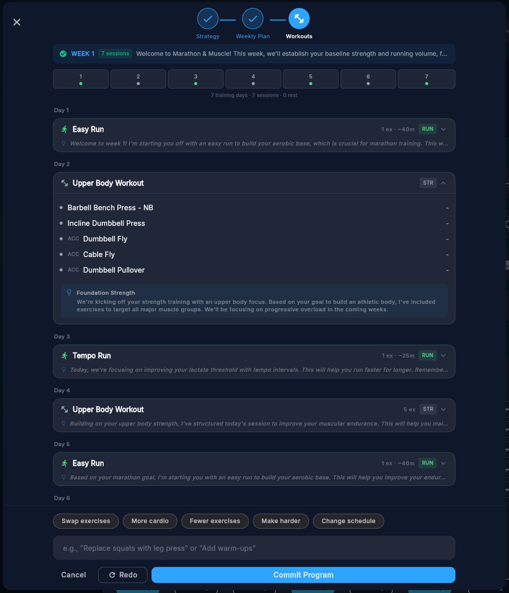 Pelaris AI-generated training program with weekly calendar, planned sessions, and coach guidance