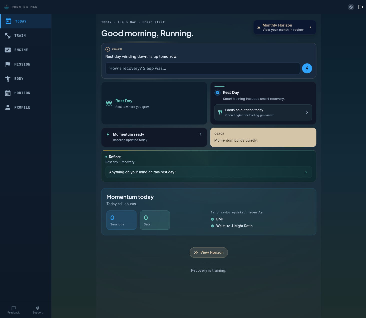 Pelaris Today view showing coach greeting, readiness check, and today's planned session